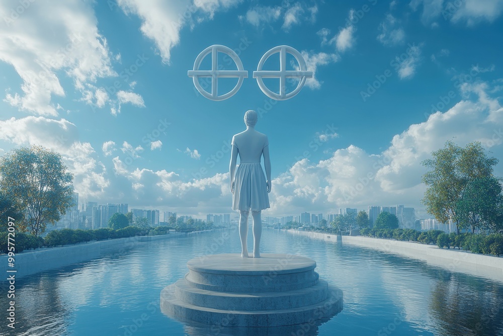 Poster a figure standing on a pedestal with two equal signs floating above symbolizing recognition of equal
