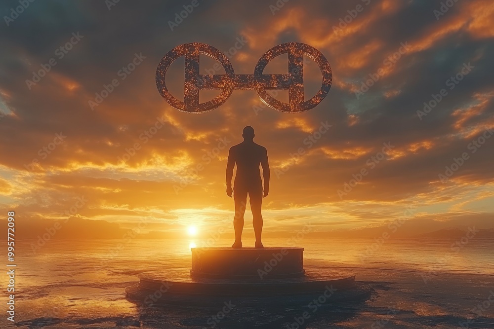 Poster a figure standing on a pedestal with two equal signs floating above symbolizing recognition of equal