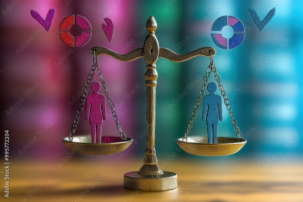 Poster a stylized image of a balanced scale with male and female symbols on either side symbolizing equal r