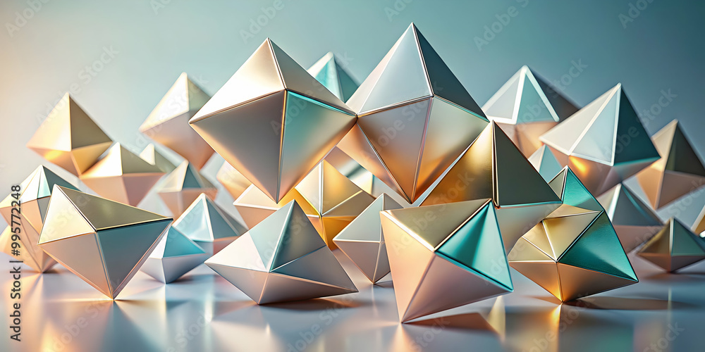 Poster golden geometric forms: abstract 3d render of interlocking metallic polyhedra