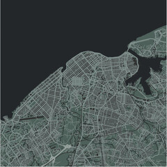 Map of Havana in Cuba in a smooth dark style. Contains layered vector with roads water, parks, etc.