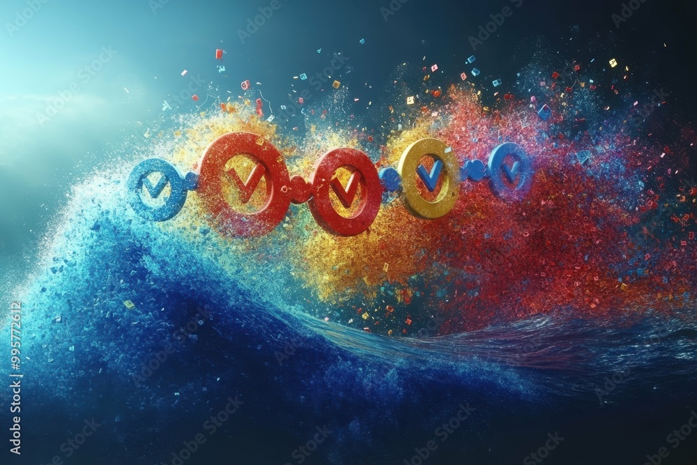 Poster a stylized image of a wave of gender symbols with equal signs emerging from the crest representing t