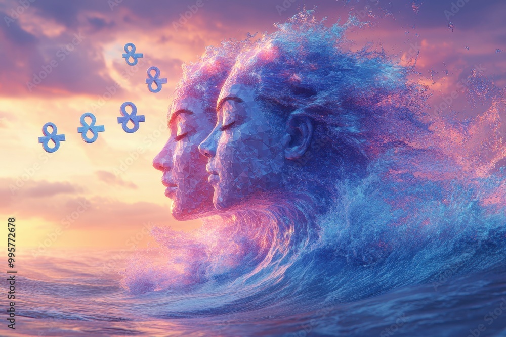 Poster a stylized image of a wave of gender symbols with equal signs emerging from the crest representing t