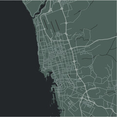 Map of Jeddah in Saudi Arabia in a smooth dark style. Contains layered vector with roads water, parks, etc.