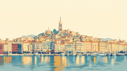 Marseille, France, color pen pencil hand-drawn effect drawing illustration for travel poster, card, wallpaper, backdrop or banner. Modern, clear, artistic and simple