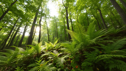 Obraz premium Lush Green Forest with Ferns and Sunlight Peeking Through