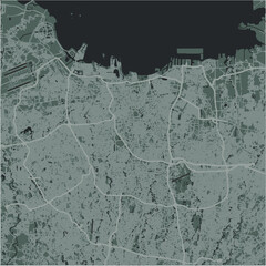 Map of Jakarta in Indonesia in a smooth dark style. Contains layered vector with roads water, parks, etc.