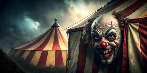 Sinister Clown Lurking: A menacing clown with a chilling grin peeks out from behind a circus tent, casting an ominous shadow under a stormy sky.