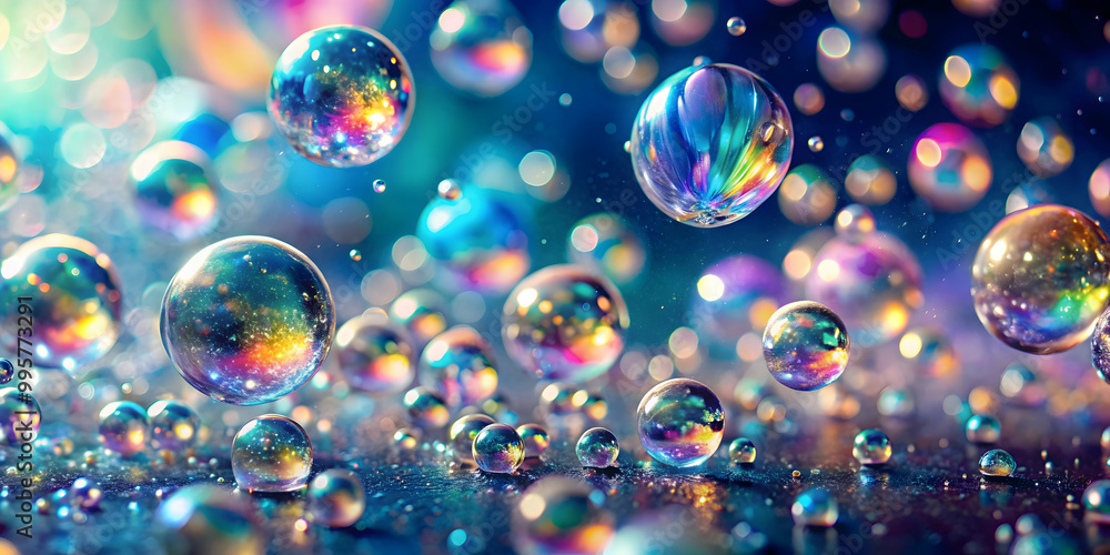 Poster rainbow bubbles: a mesmerizing array of iridescent bubbles floats in a vibrant, colorful universe. t