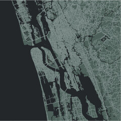 Map of Kochi (Cochin) in India in a smooth dark style. Contains layered vector with roads water, parks, etc.