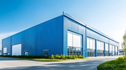 Fototapeta premium A modern warehouse with blue walls and a light gray roof, set against the backdrop of clear skies in an empty parking lot