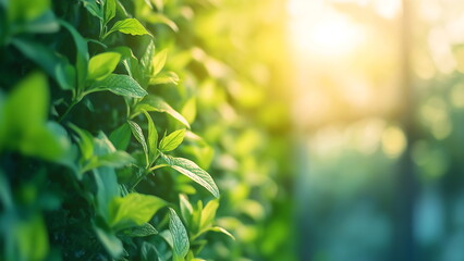 Obraz premium close-up of fresh green leaves on bushes. Sunlight shines through.
