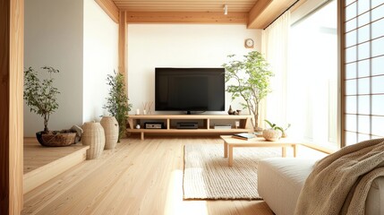 Minimalist Living Room with Light Wood Floors, Large Windows, and Natural Decor for a Calm Ambiance