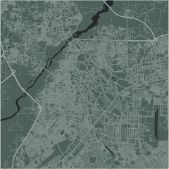 Map of Lahore in Pakistan in a smooth dark style. Contains layered vector with roads water, parks, etc.