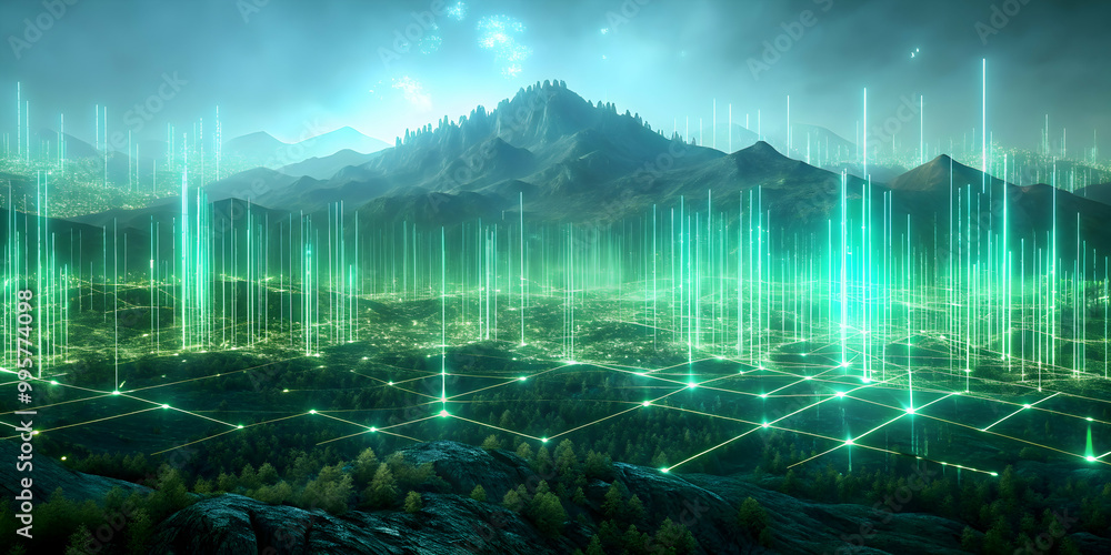Poster aetherial data network: futuristic landscape with glowing green lines forming a network grid over a 