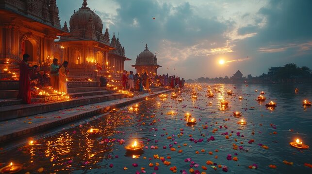 Sacred illumination: Sharad Purnima festival, celebrating full moon night with divine reverence, honoring Hindu deities through fasting, offerings, reflecting rich tapestry of cultural practices,