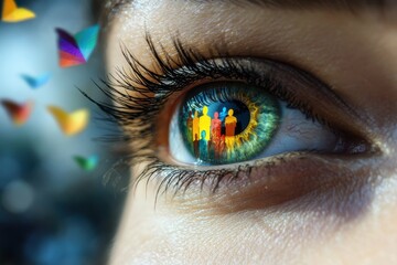 A close-up of a womans eye with a reflection of a diverse group in her pupil symbolizing the inclusive vision of equal rights.