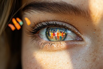 A close-up of a womans eye with a reflection of a diverse group in her pupil symbolizing the inclusive vision of equal rights.