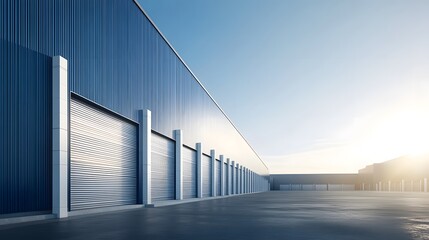 A modern warehouse with blue walls and a light gray roof, set against the backdrop of clear skies in an empty parking lot