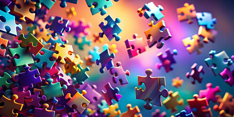 Puzzle Pieces in Flight: A captivating image of colorful puzzle pieces suspended in mid-air, illuminated by vibrant, dynamic lighting.