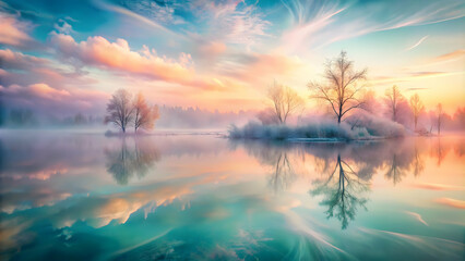 Winter Sunrise Serenity: A breathtaking panorama of a tranquil lake reflecting a vibrant winter sunrise, frosted trees silhouetted against a pastel sky.  