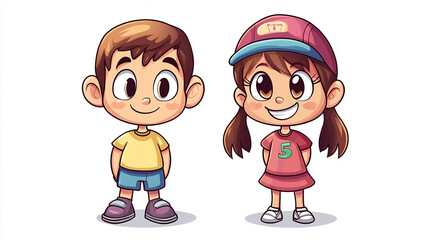 A cartoon illustration of a boy and a girl standing together.