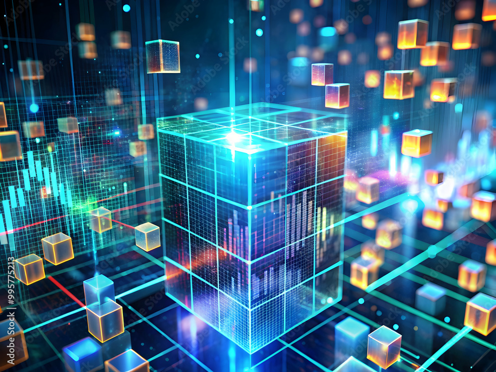 Poster data cube in cyberspace: futuristic digital landscape with glowing data cubes, representing big data