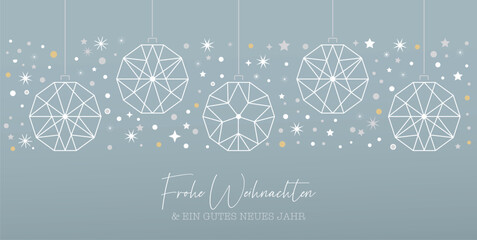 Weihnachtskarte mit Christbaumkugeln und Baumbehang silber - deutscher Text