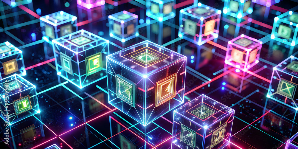 Poster neon cubes: abstract blockchain network