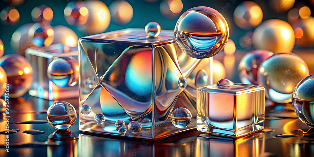Poster abstract 3d sphere and cube composition: a mesmerizing interplay of iridescent spheres and cubes, ba