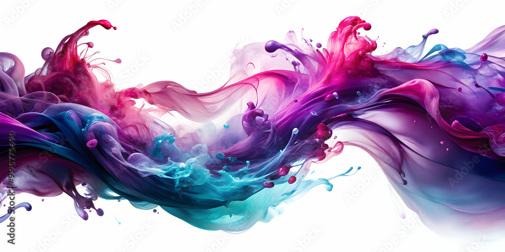 Poster abstract fluid art: vibrant swirls of magenta, teal, and purple ink dance in a captivating display o