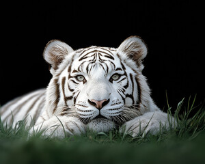 Fototapeta premium Majestic white tiger resting gracefully in the grass, dark background accentuating features.