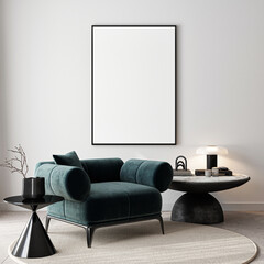 Frame mockup, ISO A paper size. Living room wall poster mockup. Interior mockup with house background. Modern interior design. 3D render

