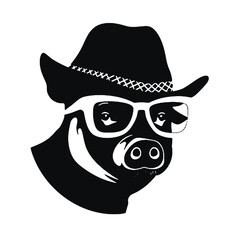 Clipart of a pig wearing a hat and sunglasses ,vector illustration transparent background 