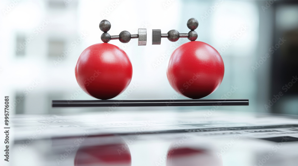 Poster red spheres balanced on black bar symbolize equilibrium and stability in modern setting. this image 