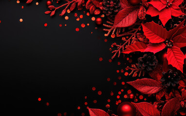 Vibrant red florals and ornaments on a dark background for festive occasions.