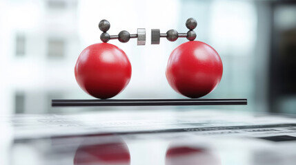 Naklejka premium Red spheres balanced on black bar symbolize equilibrium and stability in modern setting. This image evokes sense of precision and harmony in design