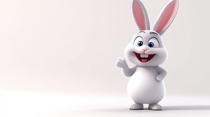 Obraz premium A cute cartoon bunny rabbit with big blue eyes and a wide smile, standing against a white background.