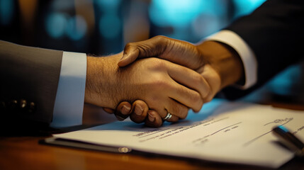 Successful contract signing with handshake symbolizes agreement and partnership. image captures moment of collaboration and trust between two individuals