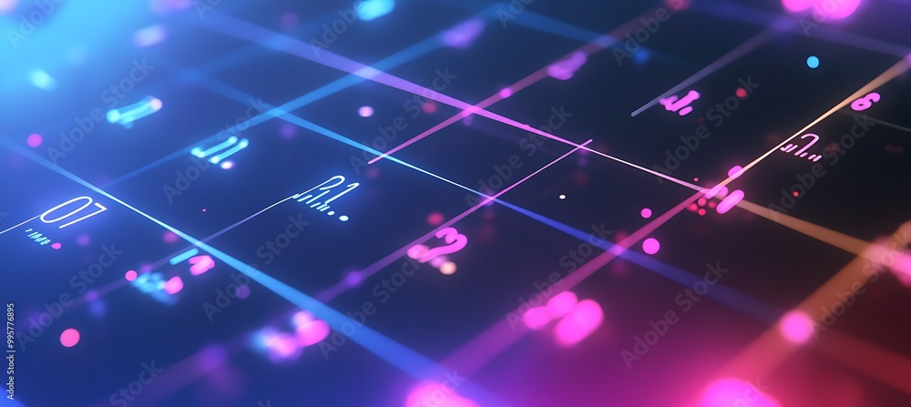 Poster A holographic calendar displaying dates and events in a floating grid