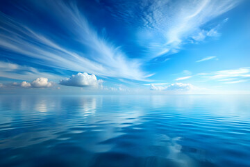 Azure Serenity: A breathtaking vista of a boundless ocean mirroring a vibrant blue sky, streaked with wispy clouds. Tranquil and serene, this image evokes a sense of peace and escape. 