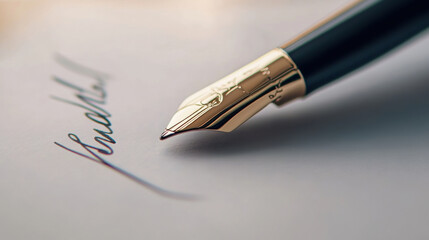Fototapeta premium close up of fountain pen poised above sheet of paper, showcasing elegant signature. intricate details of pens nib and flowing script evoke sense of sophistication and artistry