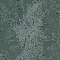 Map of Medellin in Colombia in a smooth dark style. Contains layered vector with roads water, parks, etc.
