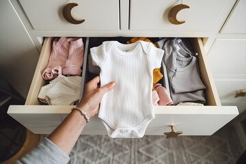 Hand holds baby onesie in dresser, star and moon handles hint nursery setting