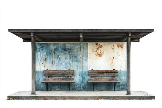 Old bus stop with two wooden benches, grunge wall, isolated on white background. - Powered by Adobe