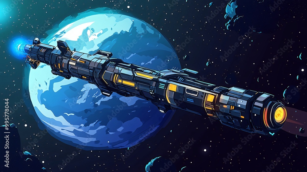 Poster a futuristic spaceship flies past a blue planet in space with stars and asteroids in the background.