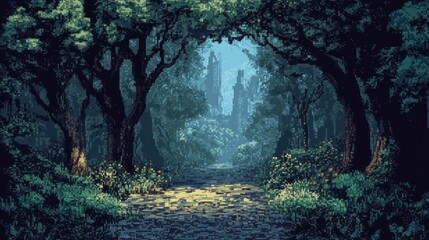 Pixelated Forest Path Leading to a Distant City