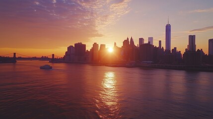 Fototapeta premium Enjoy NYC's sunset skyline, with vibrant colors, sparkling water, and bustling Brooklyn Bridge life.