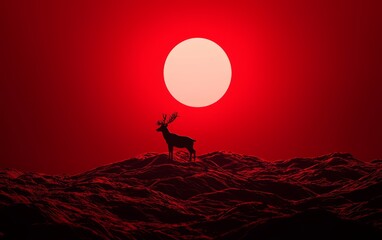 Naklejka premium Black reindeer silhouette against a red snowy landscape, 3D illustration