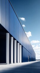 A modern warehouse with blue walls and a light gray roof, set against the backdrop of clear skies in an empty parking lot